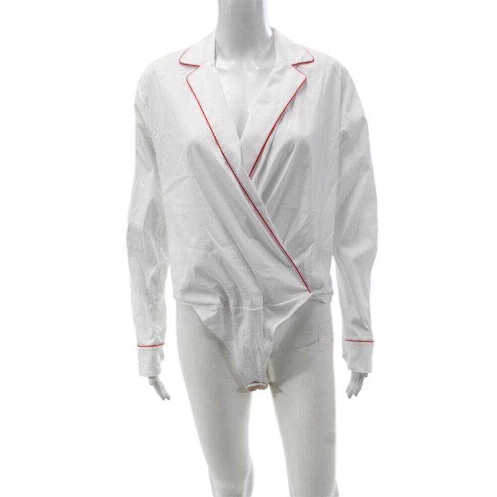 Sara Roka Women Collared Cotton Long Sleeve One Piece Bodysuit White Size 40